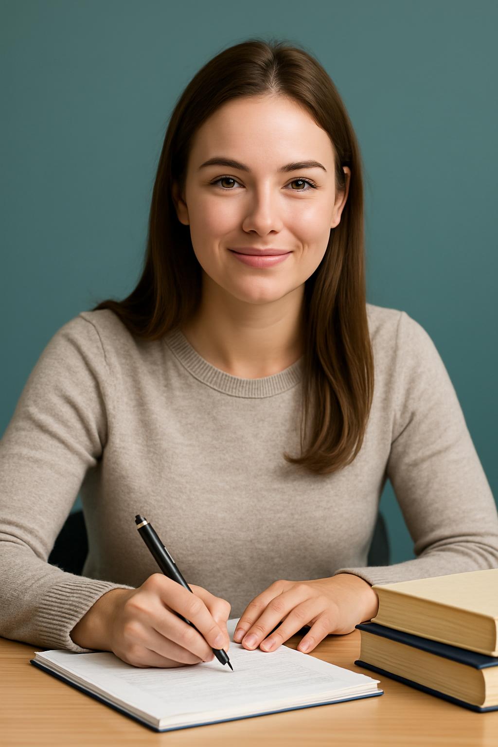 Estudante sorrindo escrevendo redação para concurso
